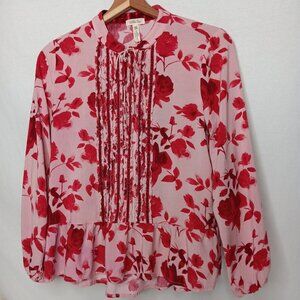 Matilda Jane XS Blouse Pink Floral Rayon Button Up Tie Neck Ruffled Long Sleeve